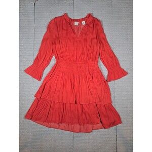 Joie Cayenne Poppy Red Orange Smocked Tiered Dress M READ